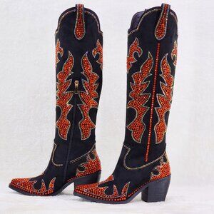 Harley Girl Country Western Cowgirl Knee Boots Rhinestones Black Orange